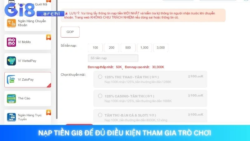 Nạp tiền Gi8 - Hướng dẫn lên điểm chỉ trong 1 phút 1 Nạp tiền Gi8 để đủ điều kiện tham gia trò chơi