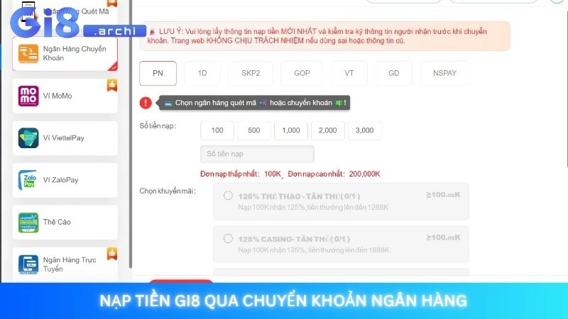 Nạp tiền Gi8 - Hướng dẫn lên điểm chỉ trong 1 phút 2 Nạp tiền Gi8 qua chuyển khoản ngân hàng